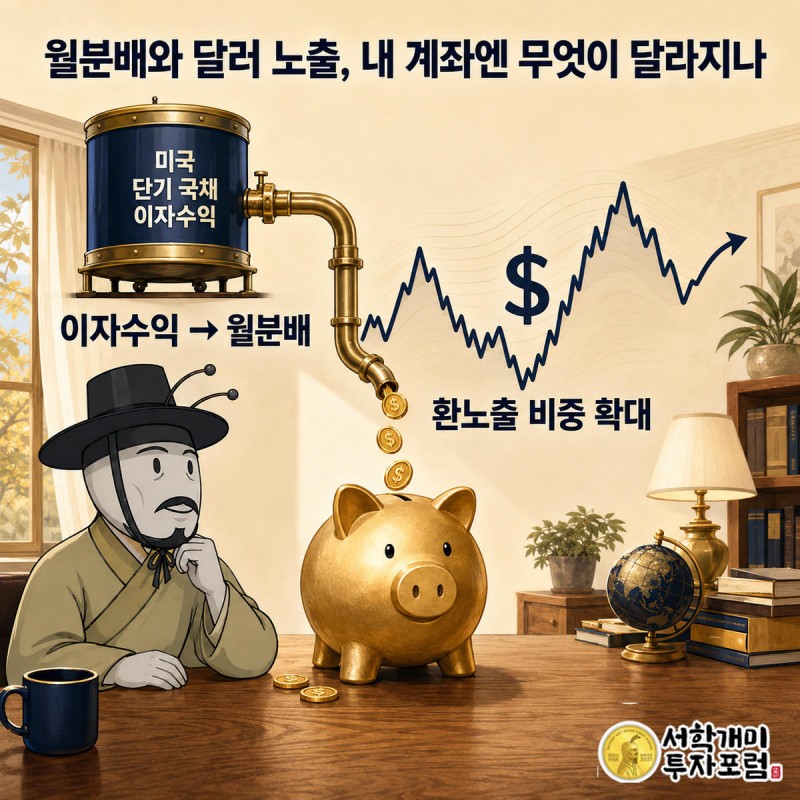 미국 단기국채 이자수익이 파이프를 타고 저금통으로 흘러들고 옆의 환율 그래프가 출렁이는 가운데 서민개미가 반가움과 의심이 섞인 표정으로 지켜보는 모습