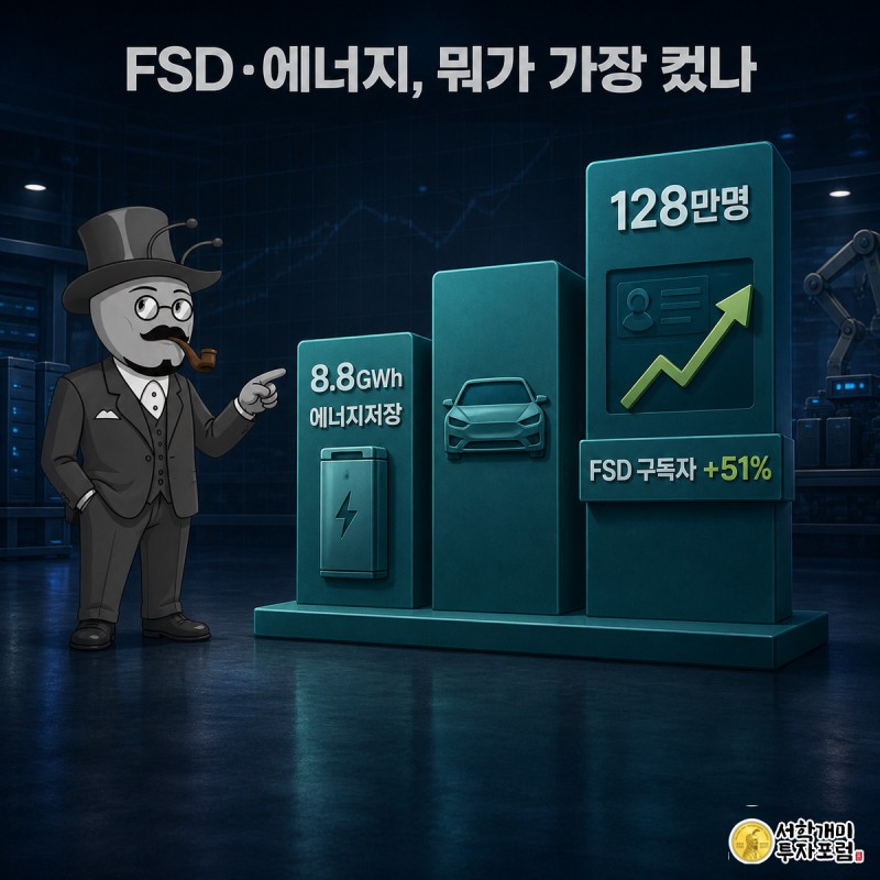 개미가 FSD 구독자, 에너지저장, 차량 생산을 나타내는 세 개의 막대그래프 앞에 서서 가장 높이 솟은 FSD 구독자 막대를 자신 있게 가리키는 장면