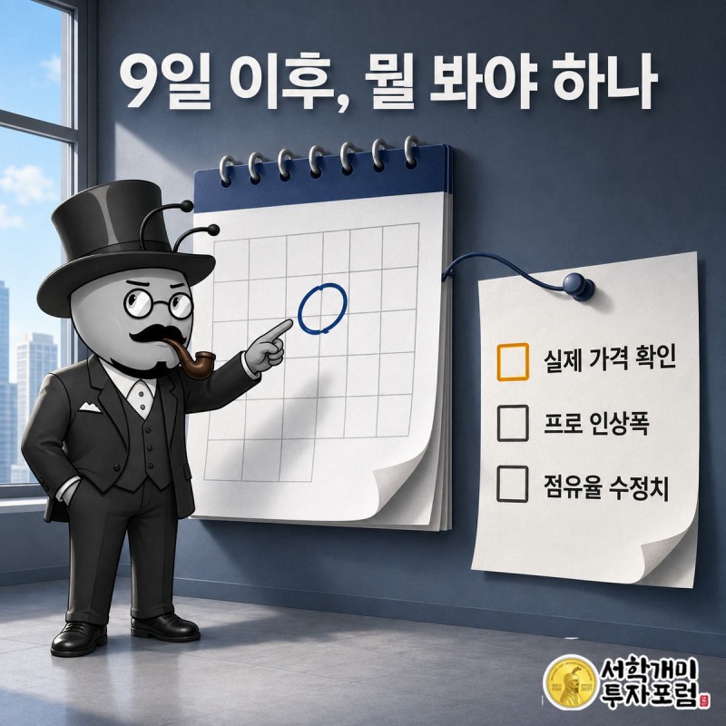 개미가 달력의 9월 9일을 짚으며 옆에 붙은 확인 체크리스트를 신중한 얼굴로 바라보는 그림