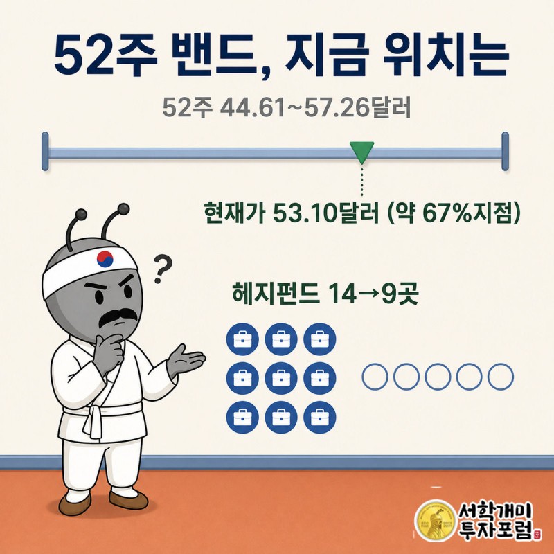 부자개미가 52주 주가 밴드 위 현재가 위치와 14곳에서 9곳으로 줄어든 헤지펀드 수를 함께 가리키는 그림
