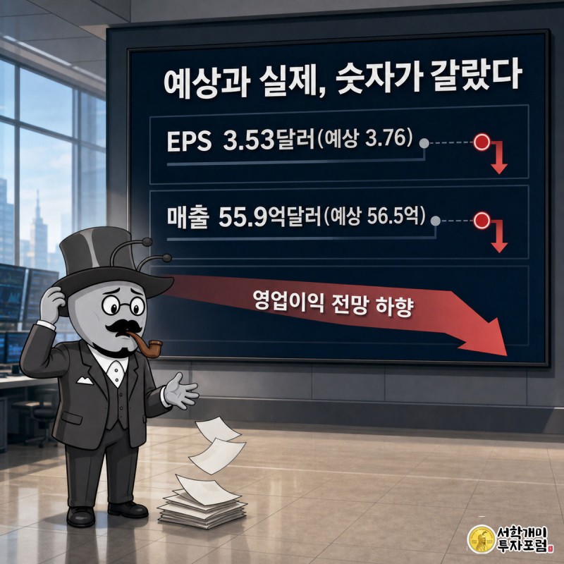 예상치와 실제 실적 숫자가 나란히 뜬 트레이딩 스크린 앞에서 개미가 서류를 놓친 채 얼어붙어 있다