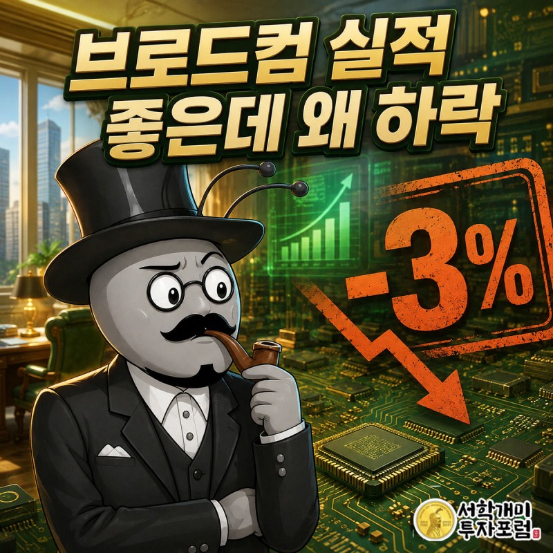 부자개미가 브로드컴의 AI 매출 전망 상향 보고서를 보면서도 주가 -3% 하락 화살표를 보고 당혹스러워하는 장면