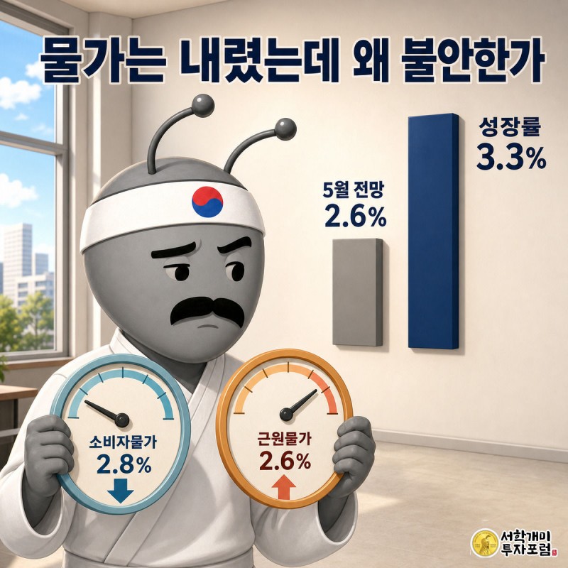 개미가 소비자물가 2.8%와 근원물가 2.6% 계기판을 양손에 들고 비교하는 앞에서 성장률 전망이 2.6%에서 3.3%로 오른 막대그래프가 걸려 있는 이미지