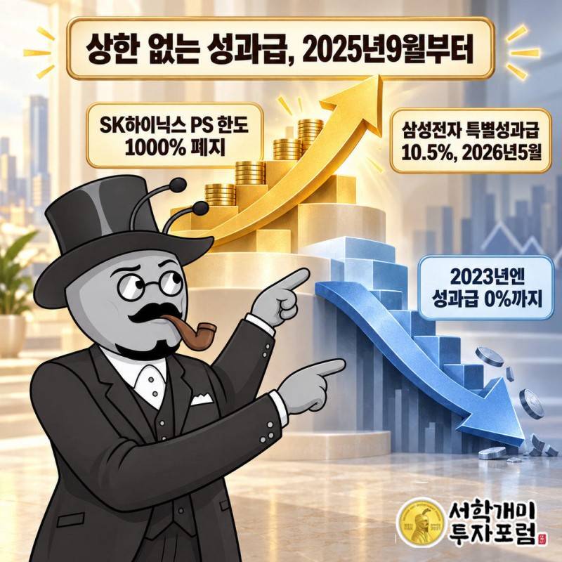 SK하이닉스는 2025년9월 PS 지급 한도 1000%를 없앴고 삼성전자는 2026년5월 영업이익 10.5%의 특별경영성과급을 만들었다