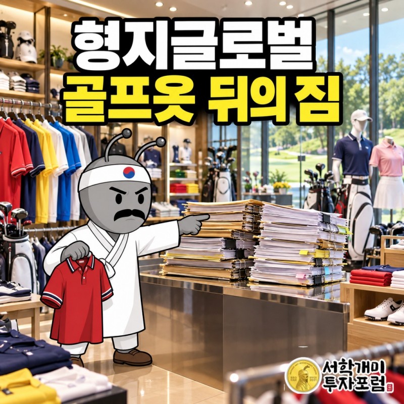 원색 레터링이 들어간 까스텔바작 골프웨어와 형지글로벌의 상장폐지 우려 안내, 형지에스콰이아 지분 69억원 인수를 한 장에 놓은 표지
