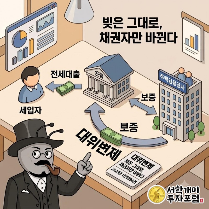 세입자가 은행에서 전세대출을 받고 주금공이 보증을 서며, 못 갚으면 주금공이 은행에 대신 갚는다(대위변제)