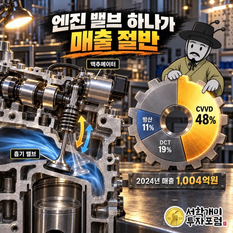 삼현(437730): 1988년 9월 서른 살 황성호가 창원에 세운 차량용 모터·제어기 회사. 2014년 국내 최초 DCT 모터 양산, 2019년 현대차 세계 최초 CVVD(스마트스트림 G1.6 T-GDi, 쏘나타 터보 최초) 전용 액추에이터 양산 → 2024년 매출 1,004억원 중 CVVD 48%·DCT 19%·방산 11%. 2025년 매출 950억원(-5.4%)·영업이익 8억원(-85.4%), 2026 상반기 매출 398억원(-22.3%)·영업손실 79억원, 고객 A 179억원(-23.6%)·B 126억원(-20.1%)으로 두 곳이 77%, 가동률 65.5%→53.2%→38.5%, 연구개발비 84억원. 모터·감속기·제어기 3-in-1을 로봇·방산으로(EV솔루션 2024-08, 케이스랩 61.6% 2025-05, 고하중 AMR, 북미 휴머노이드 어깨·허리 관절 프로젝트), 상반기 로봇·항공 매출 13억원(3%). 계기는 2026-10-08 자기전환사채만기전취득결정 — 2025-10 무이자 1회차 CB 485억원(전환가 32,672원, 10/29 전환 개시) 중 97억원(20%)을 100.1%에 매도청구권으로 자기자금 취득, 잔액 388억원, 처리 방법은 추후 이사회 — 엔진 밸브 하나가 매출 절반 도판