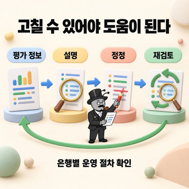금융위는 2021년 AI 신용평가 안내에서 평가기준과 기초정보 설명, 정보 정정, 재평가 절차를 제시했다.