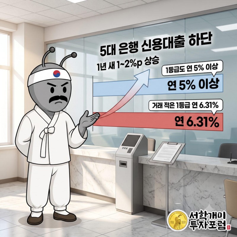 KB국민·신한·하나·우리·NH농협 5대 은행 신용대출 금리 하단이 연 5%를 넘어섰다