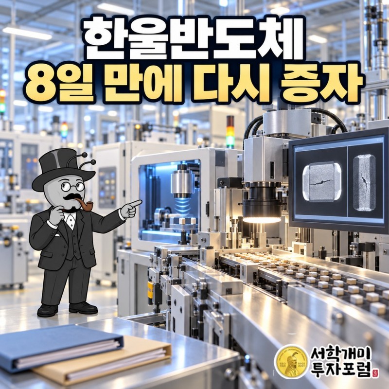 한울반도체가 철회 8일 만에 소액공모 방식으로 다시 결정한 유상증자와, 본업인 MLCC 검사장비와 콘서트 응원봉 연출 사업이 한 회사 안에 놓인 모습