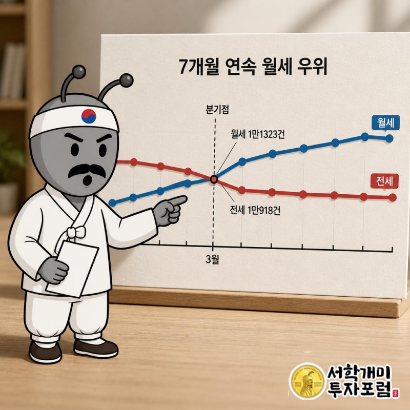 3월 월세 1만1323건이 전세 1만918건을 넘었고 9월까지 자리를 내주지 않았다