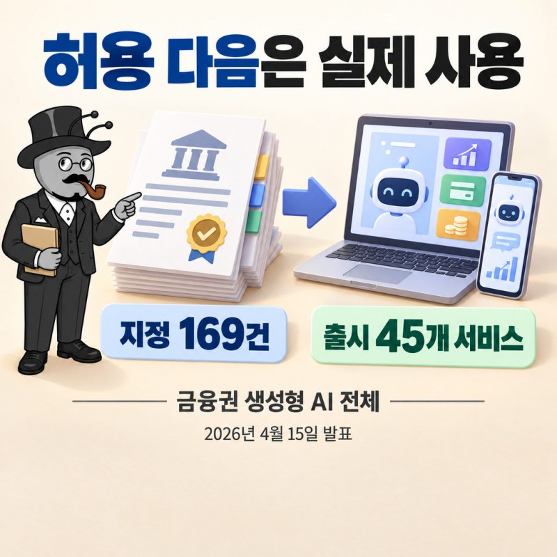 금융위의 2026년 4월 15일 발표에서 금융권 생성형 AI 혁신금융서비스 지정은 169건, 실제 출시는 45개 서비스였다.