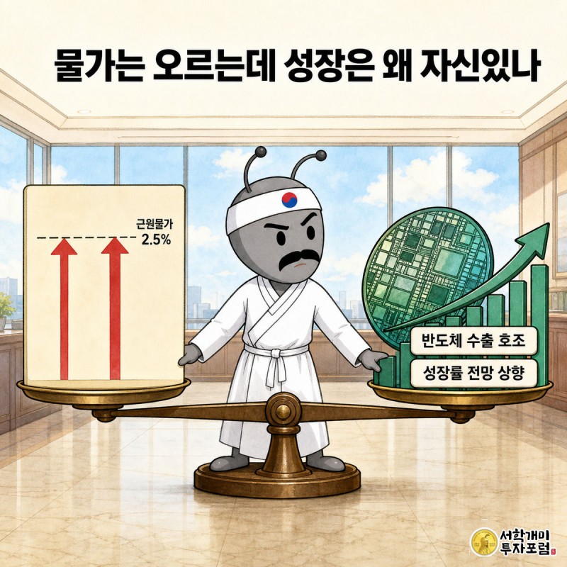 개미가 저울 위에서 물가 상승 온도계와 반도체 수출 그래프를 양손에 들고 저울질하는 그림