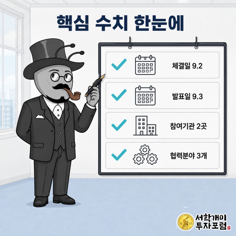 양반개미가 체크리스트 보드에서 협약 핵심 수치 네 가지를 체크하고 있다
