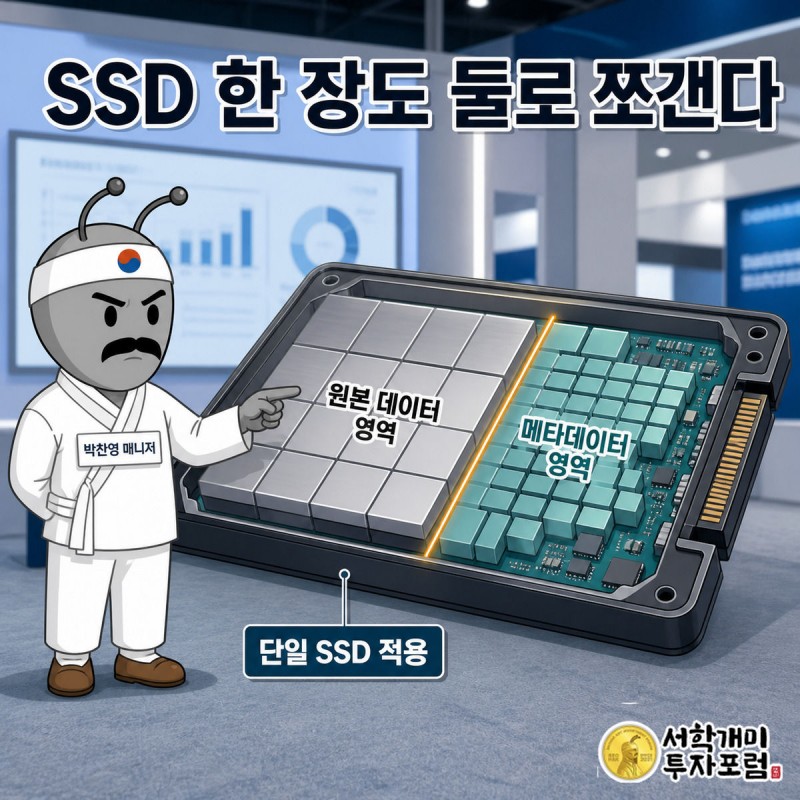 SSD 내부를 원본 데이터와 메타데이터 영역으로 나눈 파티셔닝을 개미가 설명하는 그림