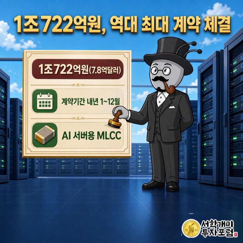 부자개미가 대형 계약서에 도장을 찍는 장면, 뒤로 서버랙이 늘어서 있다