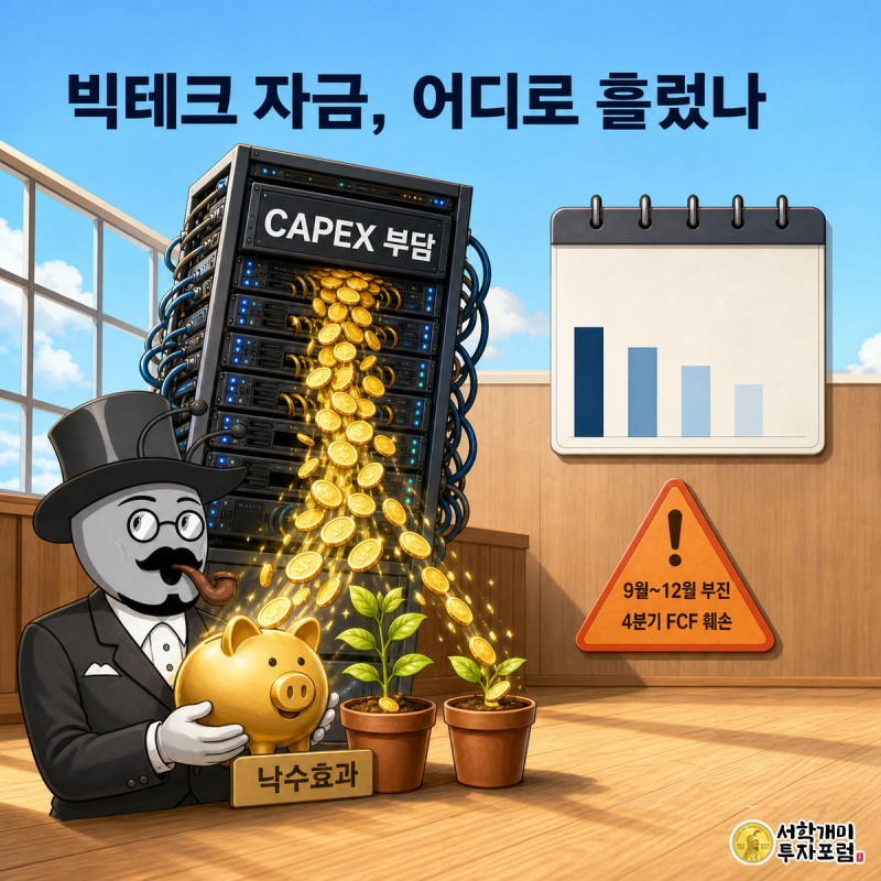 짐이 무겁게 쌓인 빅테크 타워 꼭대기에서 금빛 동전이 폭포처럼 흘러내려 개미가 받쳐 든 저금통으로 떨어지고, 옆에는 9월부터 부진해지는 달력과 4분기 FCF 훼손 경고 배지가 붙어 있는 모습