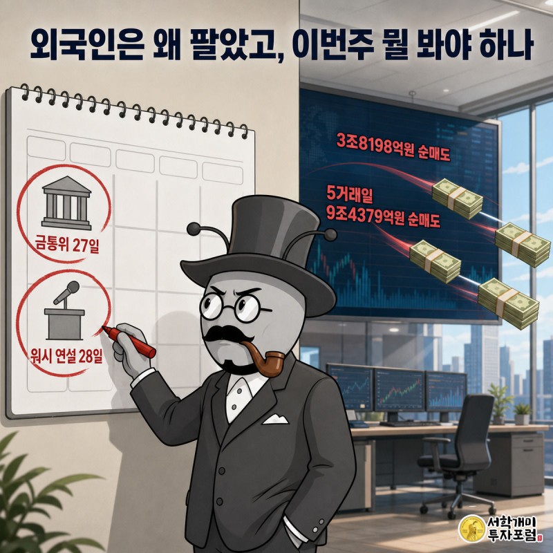 금통위와 잭슨홀 연설 날짜에 동그라미를 치는 개미와 전광판에서 빠져나가는 외국인 자금을 그린 장면