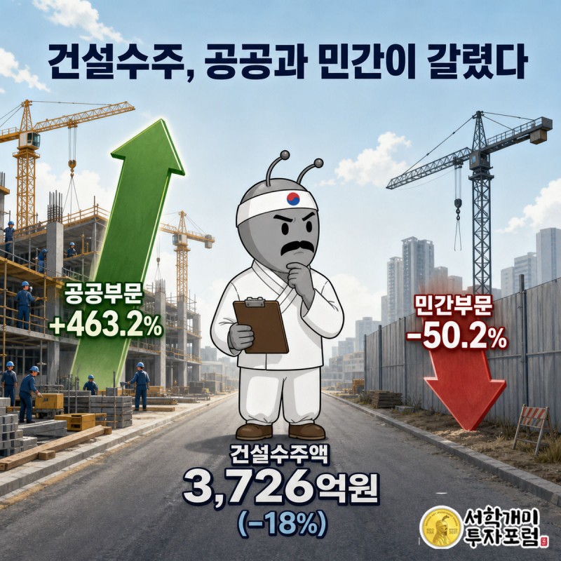 활발한 공공발주 건설현장과 멈춰선 민간 건설현장을 좌우로 놓고 개미가 클립보드를 든 채 당혹스러운 표정으로 비교하는 인포그래픽