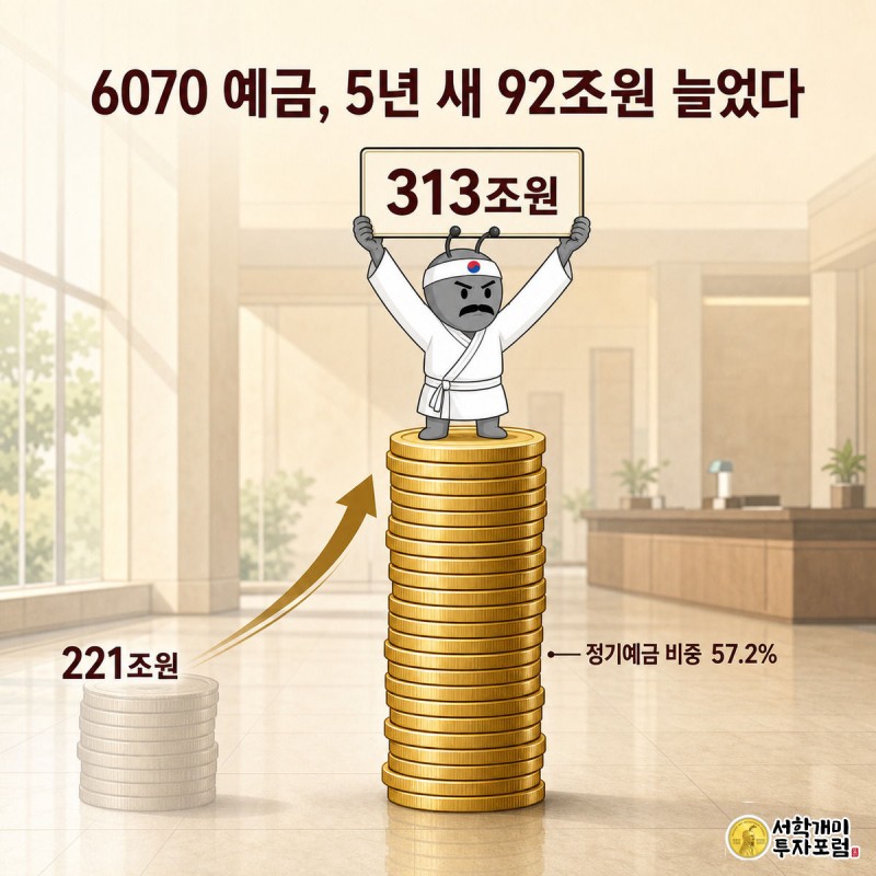 시니어 개미가 2021년의 낮은 동전탑 옆에 훨씬 높이 쌓인 2026년 동전탑 꼭대기에 올라 313조원 팻말을 들어올리는 모습