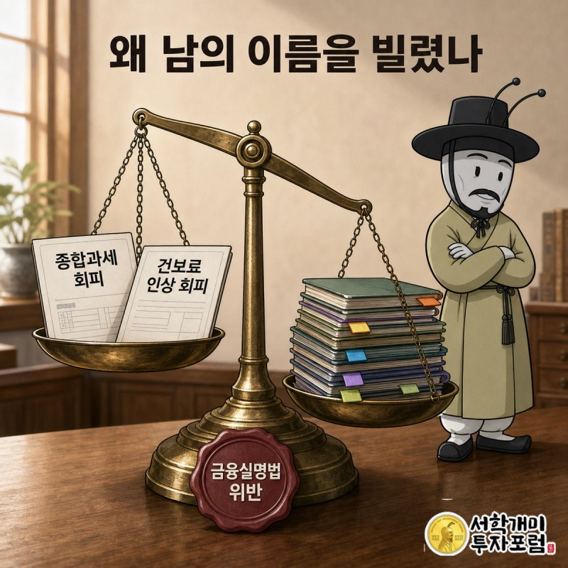 저울 왼쪽엔 세금·건보료 고지서, 오른쪽엔 차명 통장 더미가 놓여 기울어 있고 부자개미가 흡족하게 바라보는 비교 그림