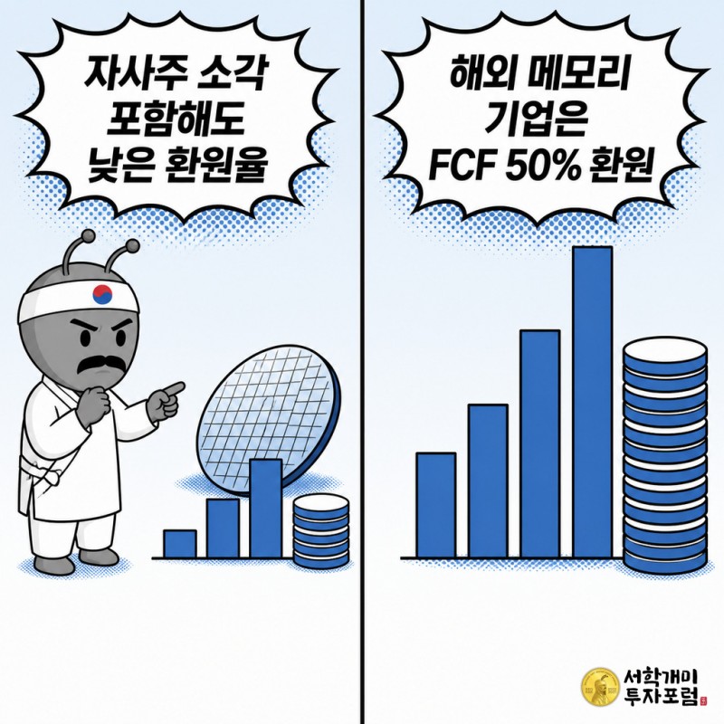 낮은 환원율 막대그래프 앞의 삼성전자 개미와 높은 환원율 막대그래프 앞의 해외 메모리 기업 개미를 비교하는 2컷 패널