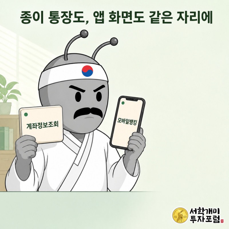 서민개미가 종이 통장과 스마트폰 계좌정보조회 화면을 나란히 들어 같은 위치의 예금보호 로고를 비교하는 모습