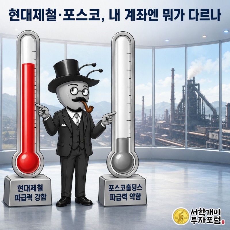 개미 캐릭터가 현대제철과 포스코홀딩스의 파급력 온도차를 두 개의 온도계 배지로 비교해 보여주는 그림