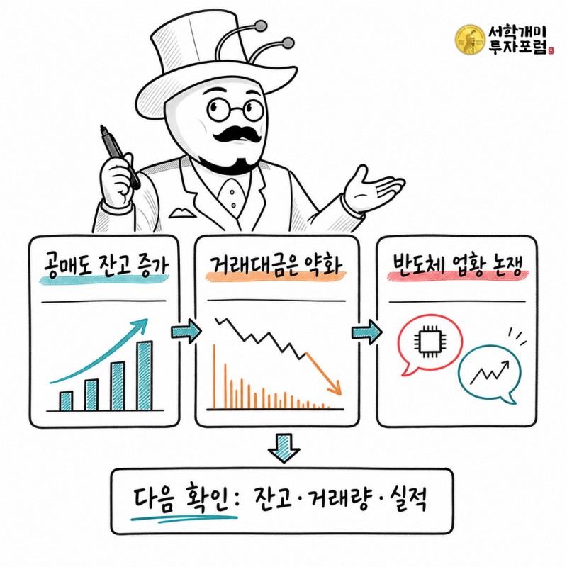 공매도 잔고 증가·거래대금 약화·반도체 업황 논쟁과 다음 확인점을 설명한 스케치노트