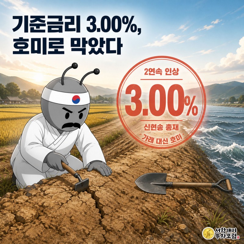 둑의 작은 균열을 호미로 막는 개미와 균열이 커져 가래로 막으려는 개미를 대각선으로 대비시킨 기준금리 2연속 인상 표지 이미지