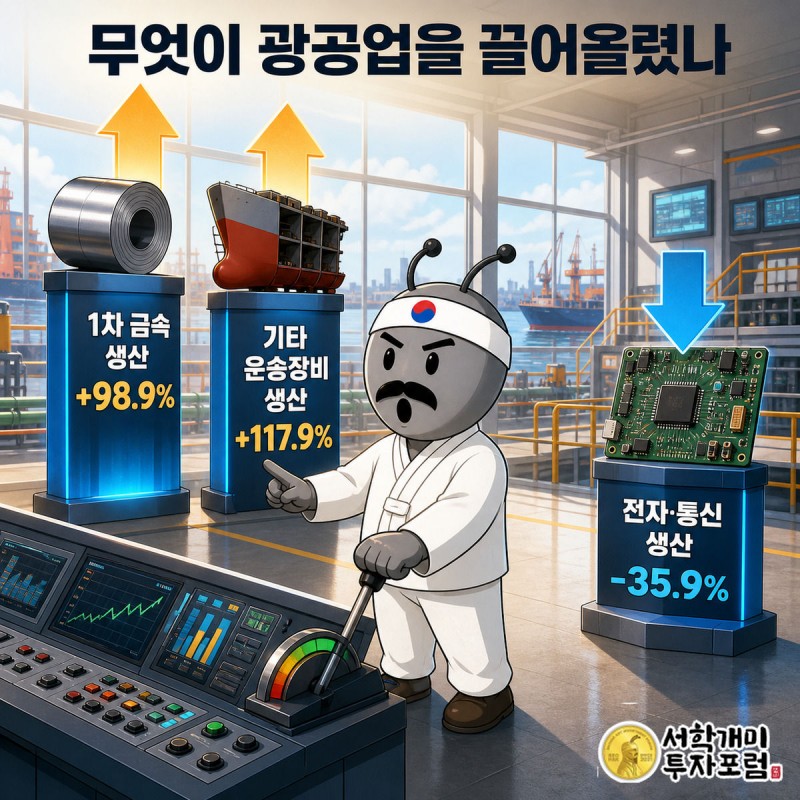공장 제어판 앞에서 개미가 1차 금속과 기타 운송장비 생산이 치솟은 기둥 그래프를 놀란 표정으로 가리키고, 전자·통신 생산은 낮게 꺼진 기둥으로 대비되는 인포그래픽
