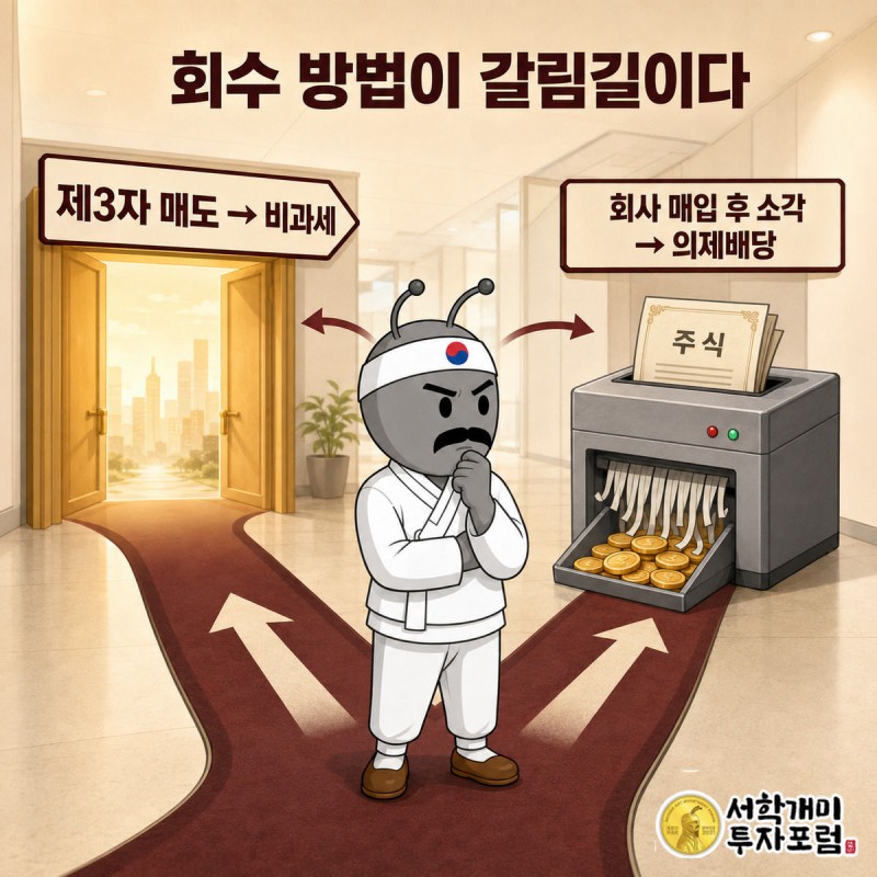 개미가 비과세로 이어지는 문과 의제배당 파쇄기로 이어지는 갈림길에서 고민하는 모습