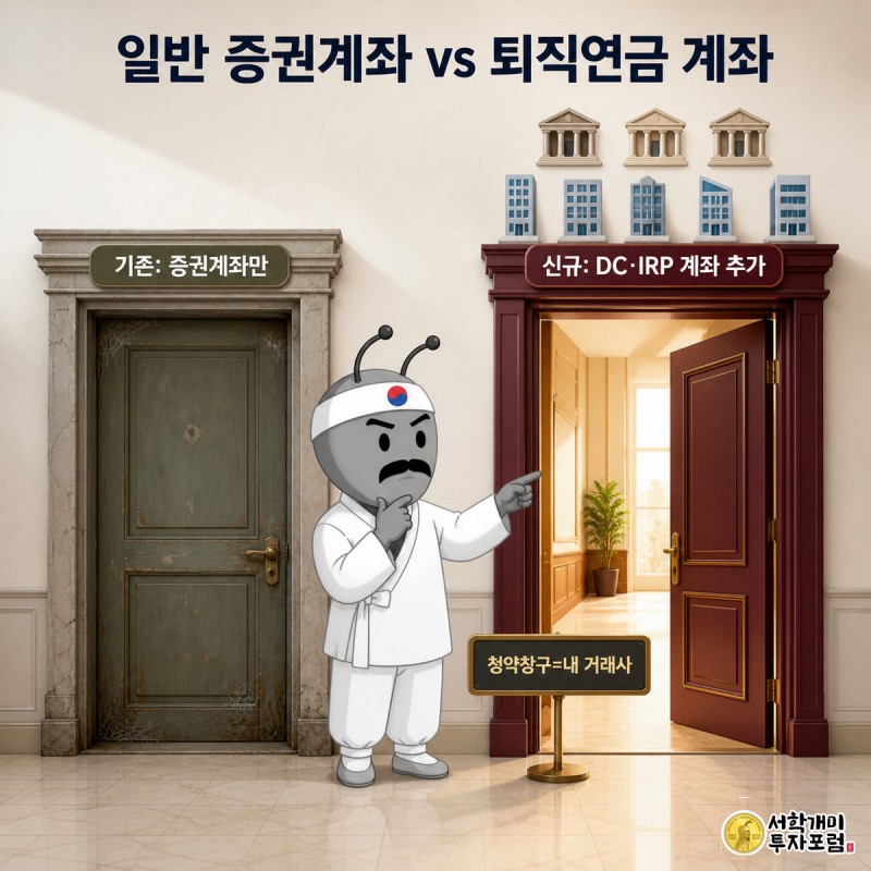 낡은 증권계좌 문과 새로 열린 퇴직연금 계좌 문 앞에 선 두 마리 개미를 비교하는 그림