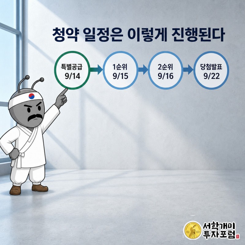 달력 리본 위에 9월4일 견본주택 개장부터 10월 정당계약까지 청약 일정이 화살표로 이어지고 개미가 9월14일을 가리키는 이미지
