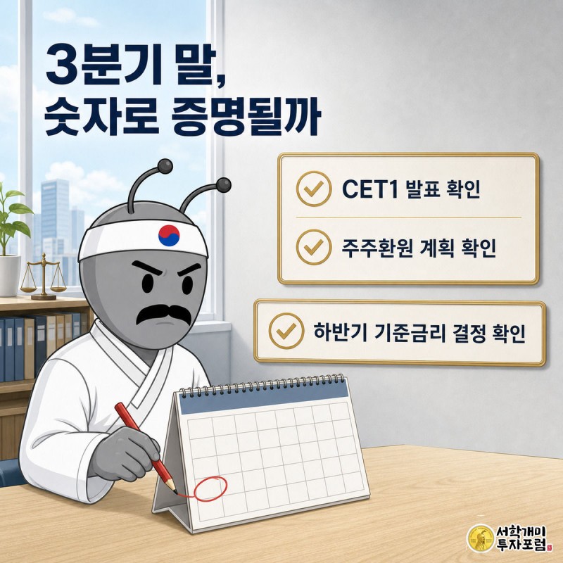 개미가 탁상달력의 3분기 말 날짜에 동그라미를 치고 CET1 발표와 기준금리 결정 물음표 게시판을 올려다보는 모습