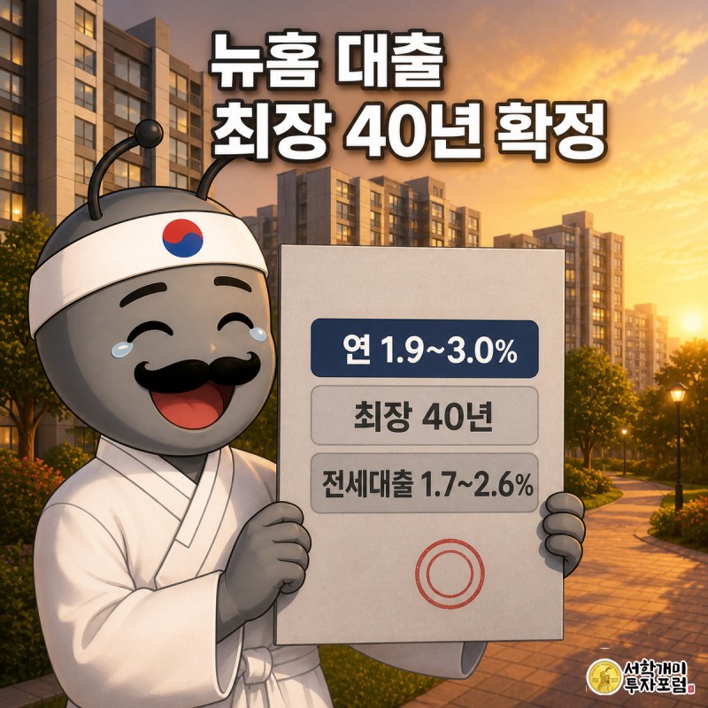 노을빛 아파트 단지를 배경으로 개미가 붉은 확정 도장이 찍힌 대출확정서를 들고 안도하며 웃고, 상단에 최장 40년 확정이라는 제목과 금리 1.9에서 3.0퍼센트 수치가 담긴 삽화