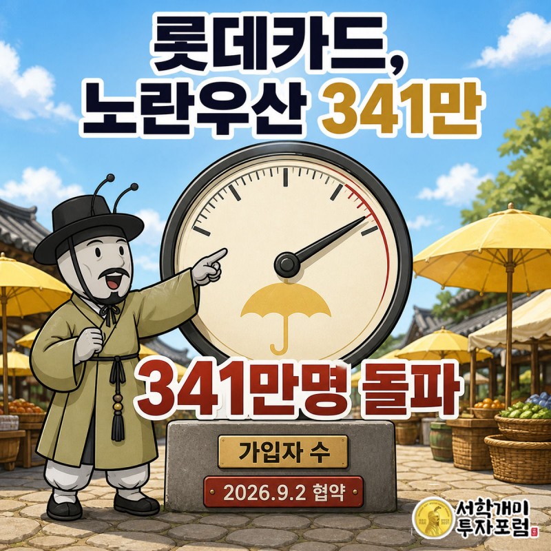 서민개미가 노란우산 가입자 수를 가리키는 게이지 바늘이 300만 선을 넘어 341만을 가리키는 것을 보고 놀라는 모습