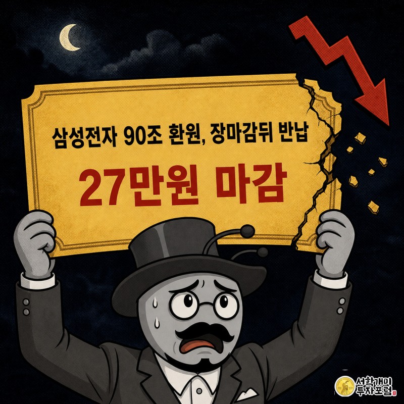 밤 애프터마켓 화면 앞에서 낭패한 표정을 짓는 개미 캐릭터가 갈라진 금빛 '90조' 증서를 들고 있고, 뒤로는 급등 후 급락하는 화살표 그래픽이 보인다.