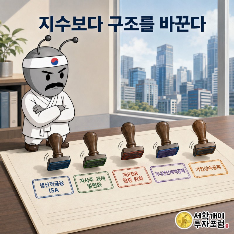양반개미가 세제개편안 서류 위에 생산적금융 ISA 등 5가지 정책 도장이 차례로 찍히는 것을 신중하게 지켜본다.
