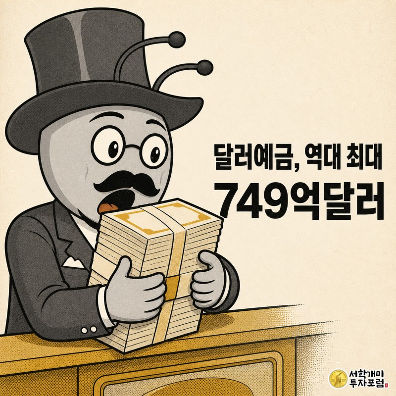 개미가 화면 3분의 1을 채우는 클로즈업으로 놀란 표정을 지으며 커다란 달러 지폐 다발을 끌어안고 있는 코믹 패널, 가운데 띠에 '달러예금, 역대 최대'와 '749억달러' 문구가 크게 적혀 있다.