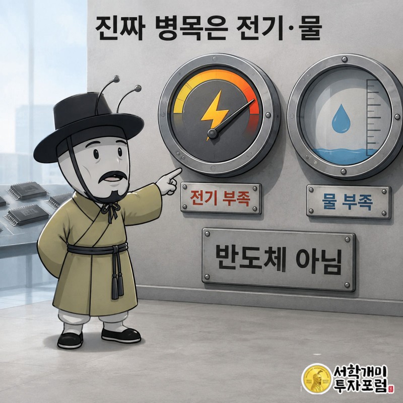 부자개미가 배경의 반도체 더미를 지나쳐 위험 수위에 다다른 전기 계기판과 물탱크 경고등을 가리키는 장면