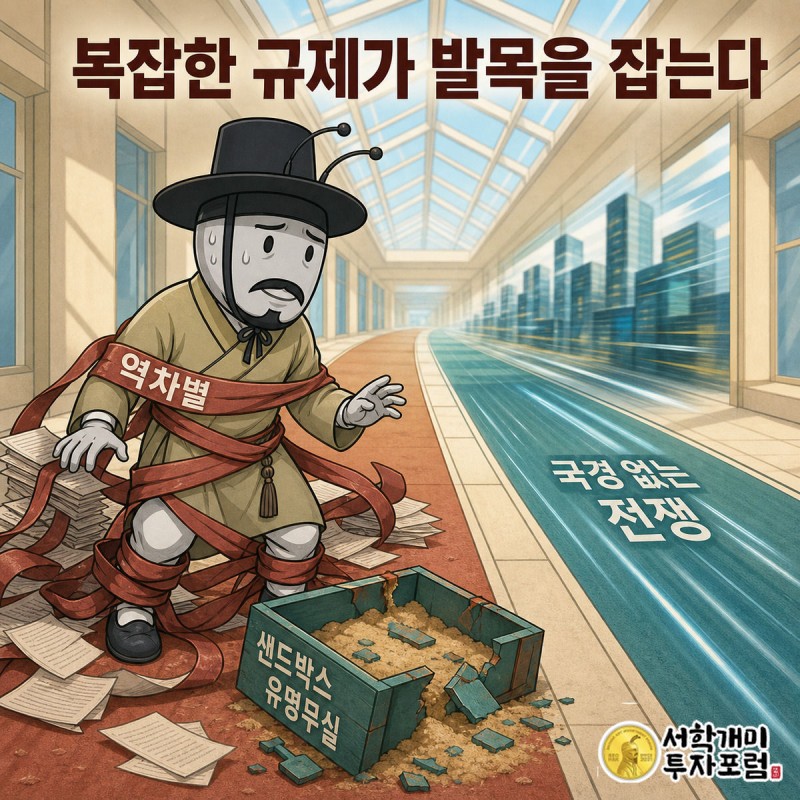 부자개미가 붉은 규제 리본에 다리가 칭칭 감겨 곤란해하는 동안 옆 트랙에서는 해외 빅테크 실루엣이 거침없이 앞서가는 모습