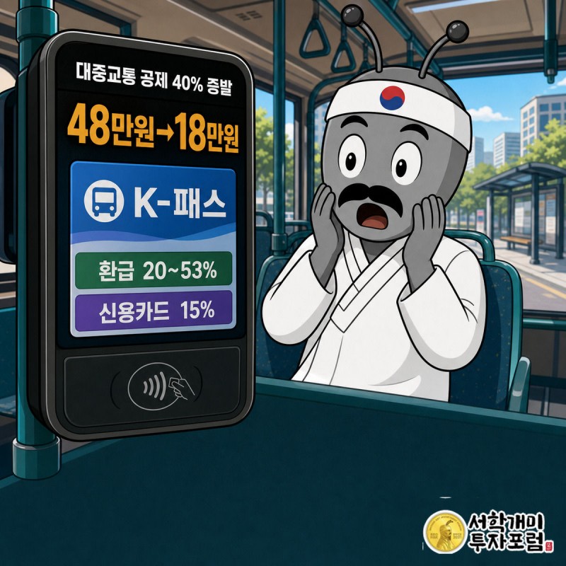 버스 안에서 교통카드 단말기를 보고 놀란 표정을 짓는 서민개미와 '대중교통 공제 40% 증발' 문구, 48만원에서 18만원으로 줄어든 핵심 수치 위젯