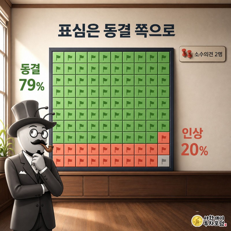 개미가 채권시장 설문 결과인 동결 79%, 인상 20% 투표판을 바라보며 신중한 표정을 짓는 그림