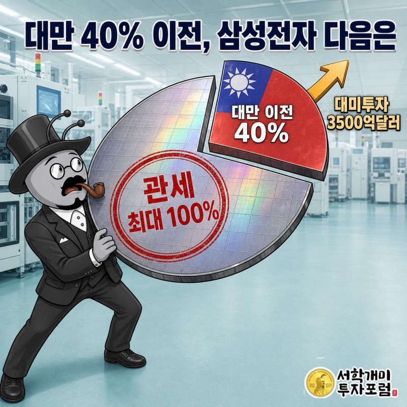 웨이퍼에 100% 관세 스탬프가 찍히고 대만 색 조각이 미국으로 흘러가는 것을 보며 서민개미가 놀라는 그림
