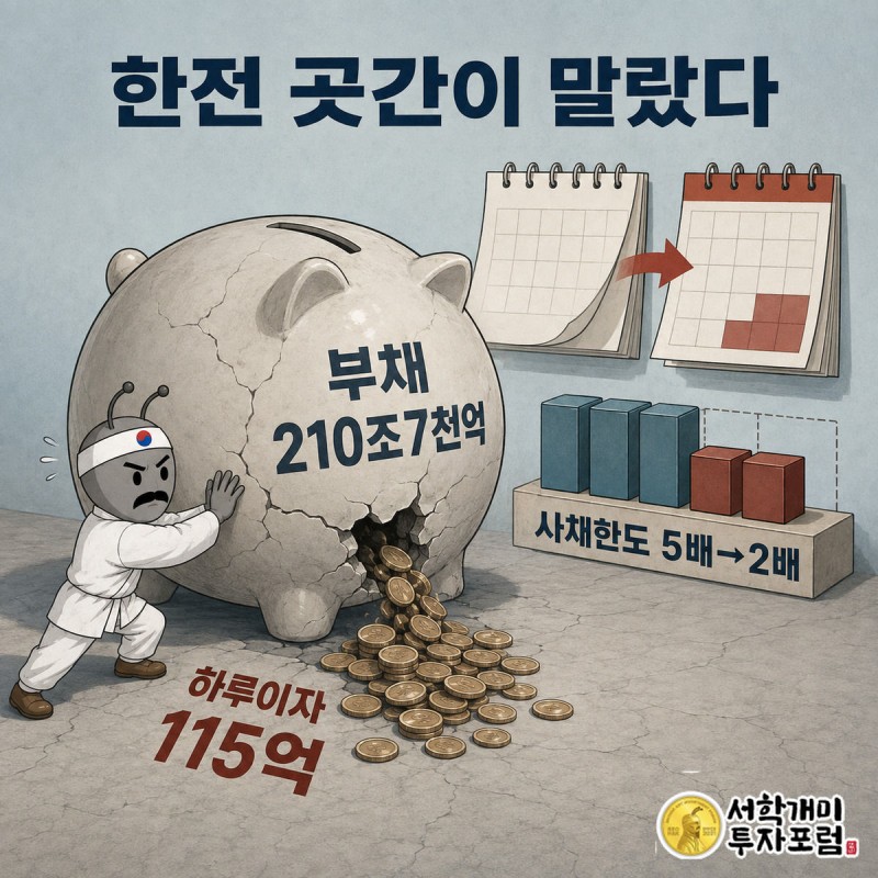 금이 간 저금통에서 동전이 새어나가고 뒤편 달력이 2027년에서 2028년으로 넘어가는 장면