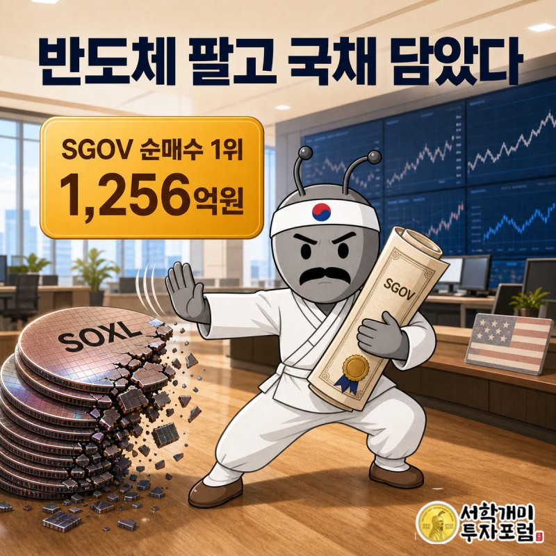 부자개미가 국채증서를 안도한 표정으로 끌어안고 무너지는 반도체 웨이퍼 탑을 밀쳐내는 커버 이미지