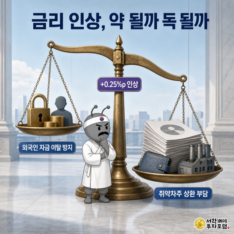 개미가 대형 저울 중앙에서 금리 인상의 효과와 부작용을 양쪽 접시로 번갈아 보며 고민하는 표정을 짓는 장면