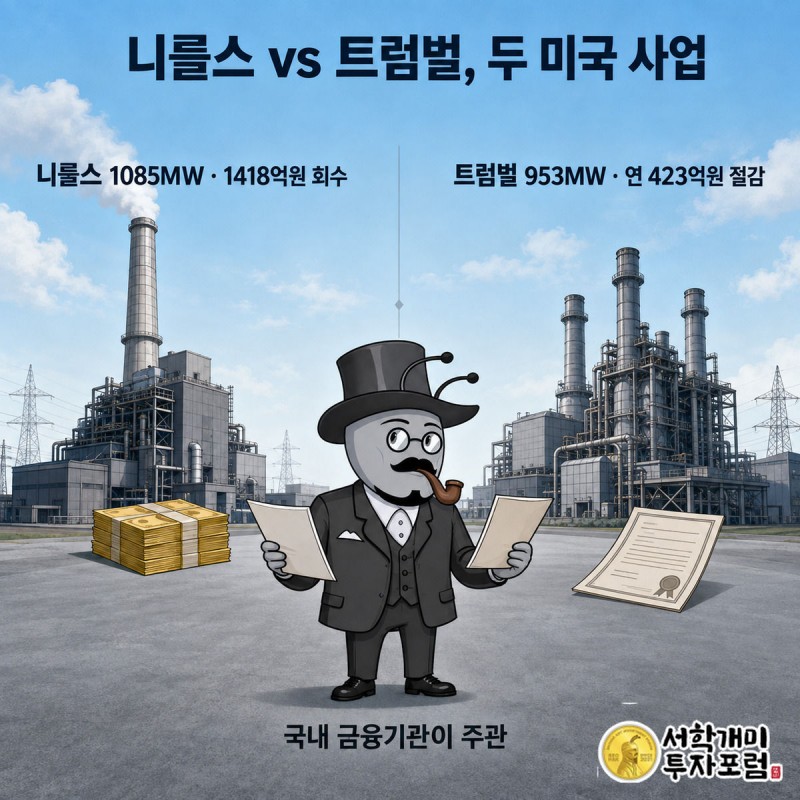 니를스 발전소와 트럼벌 발전소를 좌우로 비교하며 부자개미가 두 사업 서류를 살펴보는 인포그래픽