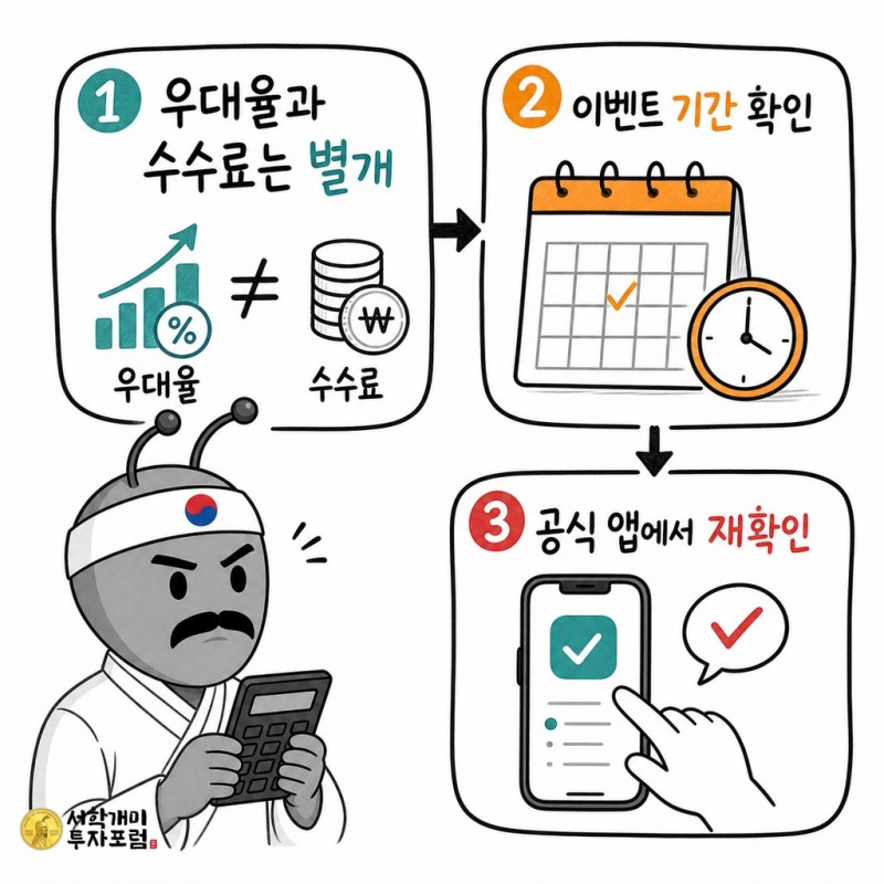 환전 우대 수수료 확인 체크리스트를 3구역으로 정리한 동학개미 설명판